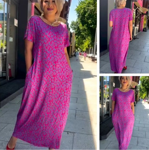 Leni | Robe rose et violette avec imprimé floral et décolleté en diamant