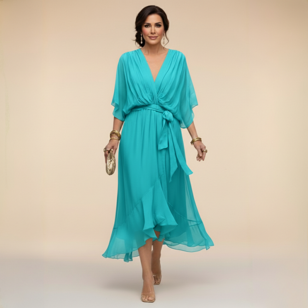 Celanovia | Robe longue en chiffon doux à col V pour soirées et fêtes