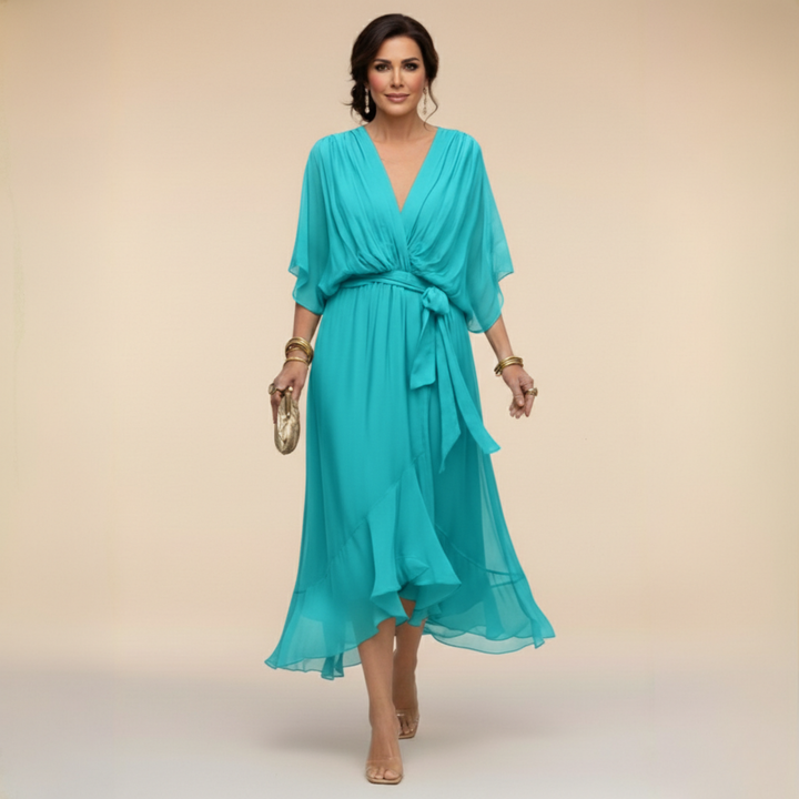 Celanovia | Robe longue en chiffon doux à col V pour soirées et fêtes