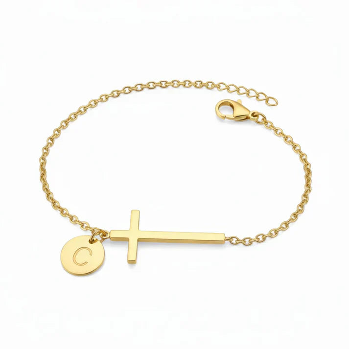 Elodryn | Bracelet Initial Sacré – Croix Personnalisée