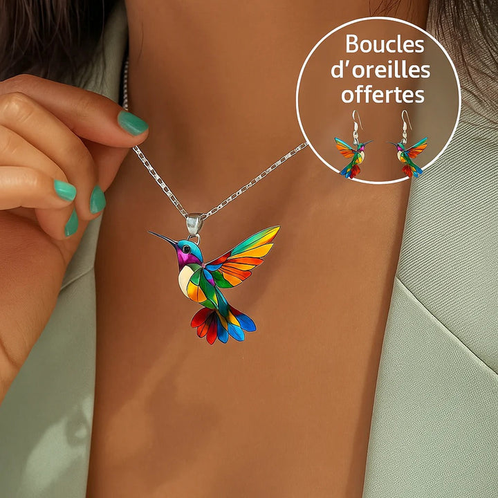 Vaila | Collier Colibri Arc-en-ciel + Boucles d'oreilles assorties offertes