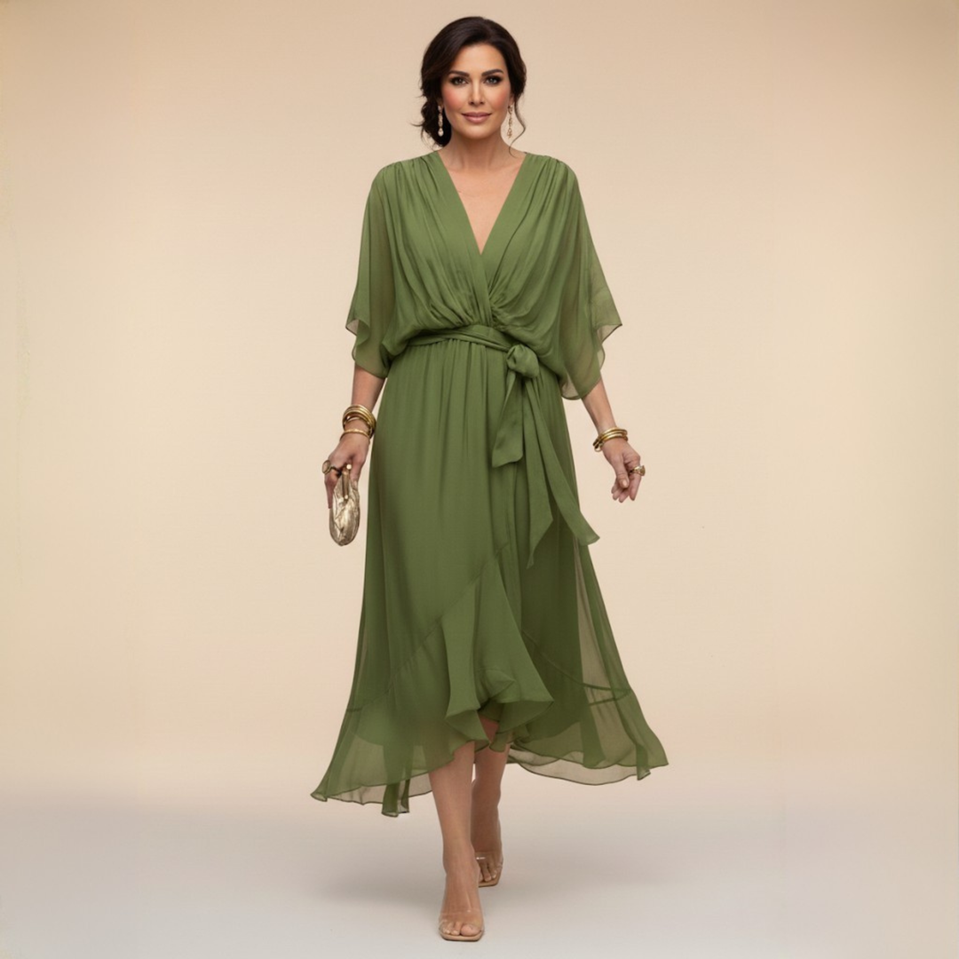 Celanovia | Robe longue en chiffon doux à col V pour soirées et fêtes