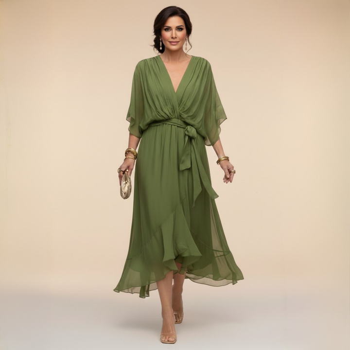 Celanovia | Robe longue en chiffon doux à col V pour soirées et fêtes