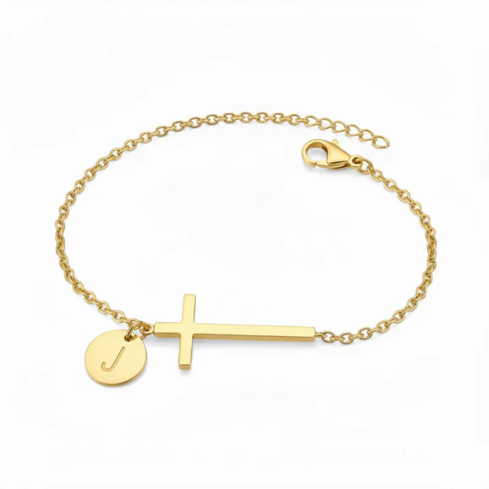 Elodryn | Bracelet Initial Sacré – Croix Personnalisée