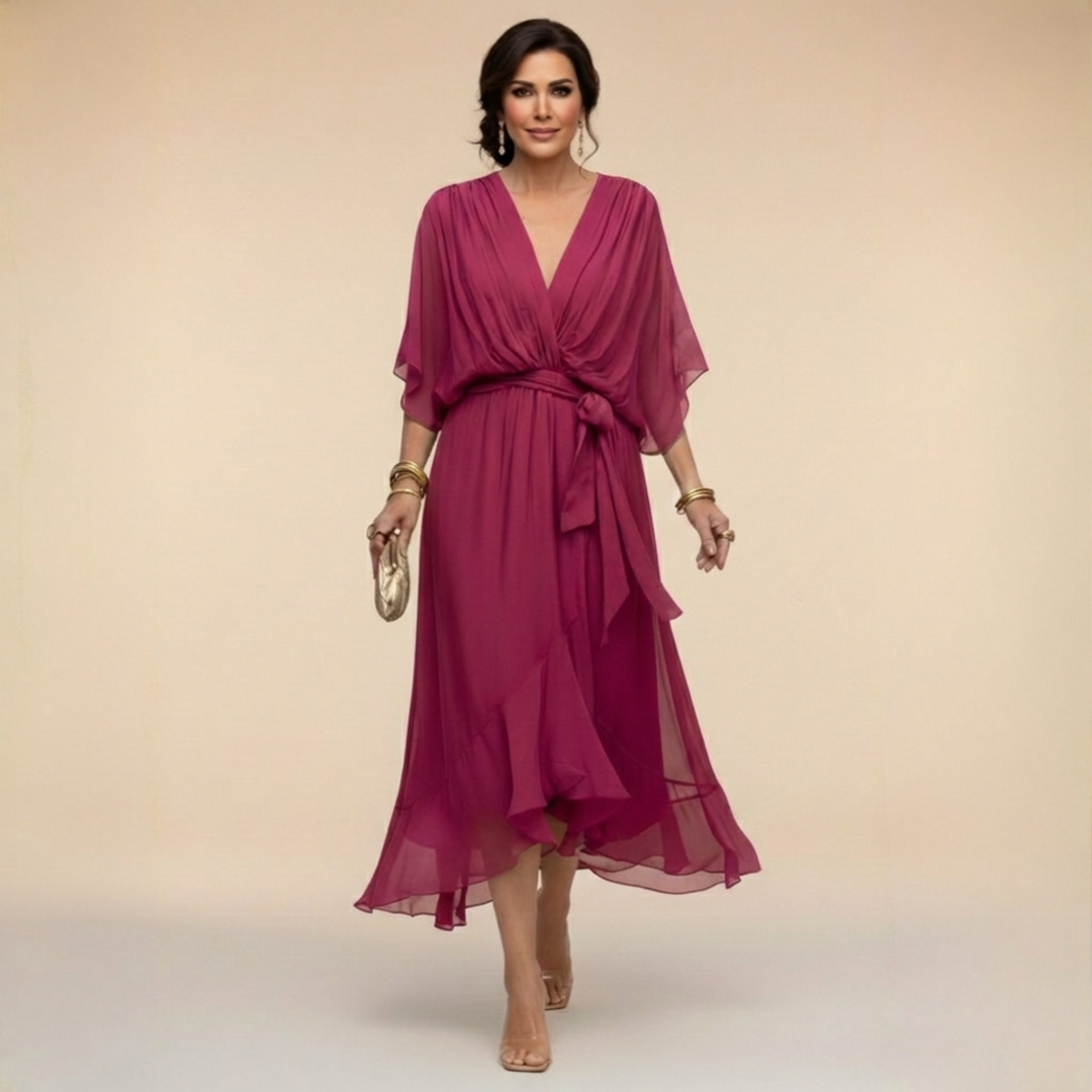 Celanovia | Robe longue en chiffon doux à col V pour soirées et fêtes