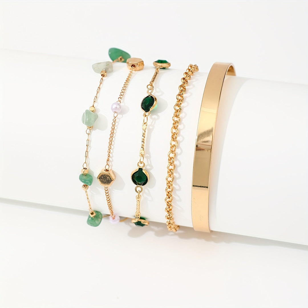 Aethique | Ensemble de 5 Bracelets Bohémiens avec Pierres Vertes et Détails Vintage