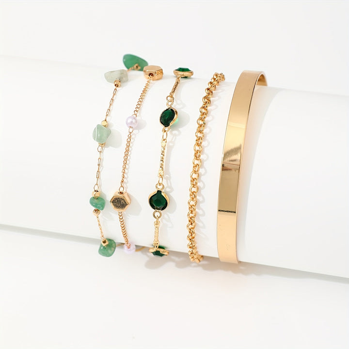 Aethique | Ensemble de 5 Bracelets Bohémiens avec Pierres Vertes et Détails Vintage