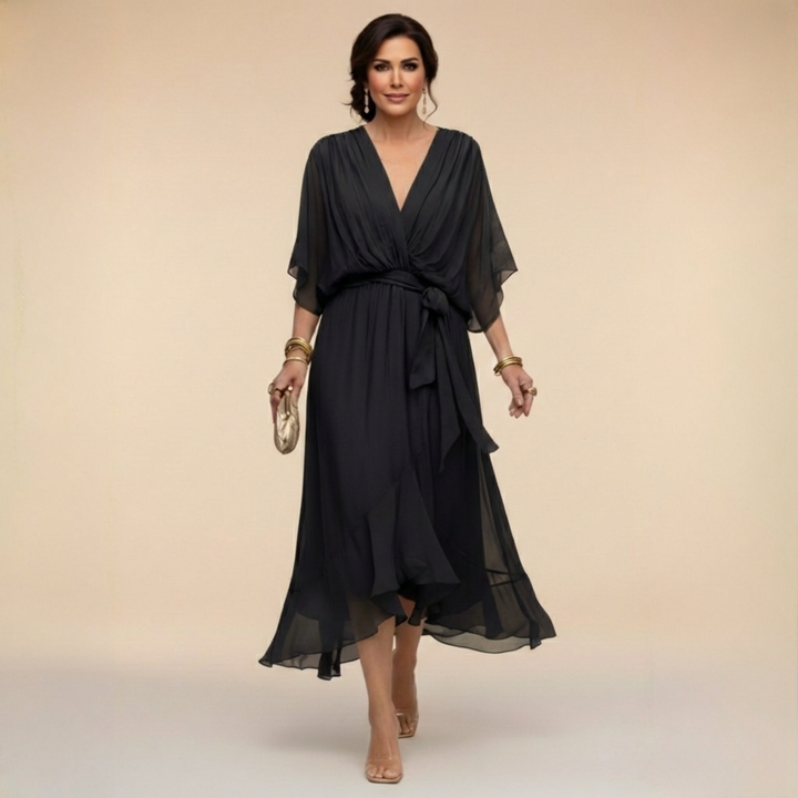 Celanovia | Robe longue en chiffon doux à col V pour soirées et fêtes