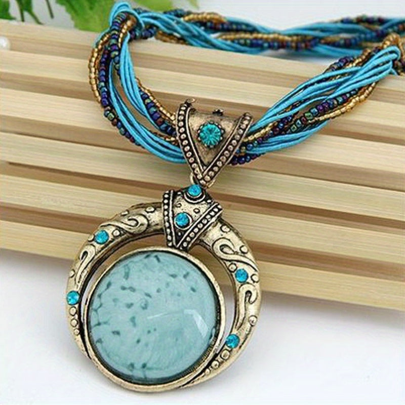 Jora | Collier Bohémien avec Pendentif en Pierre Verte Marbrée