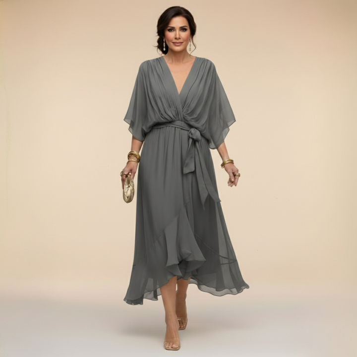 Celanovia | Robe longue en chiffon doux à col V pour soirées et fêtes