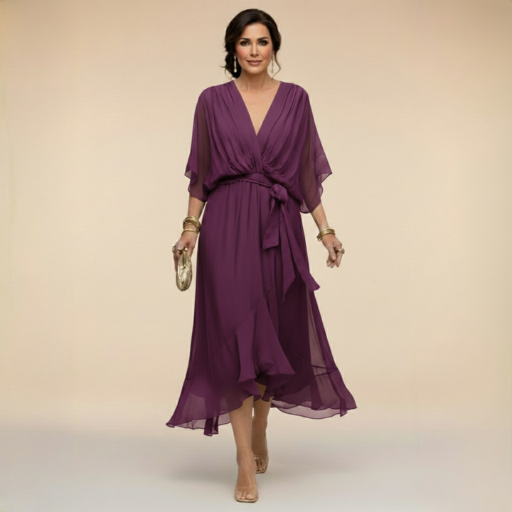 Celanovia | Robe longue en chiffon doux à col V pour soirées et fêtes