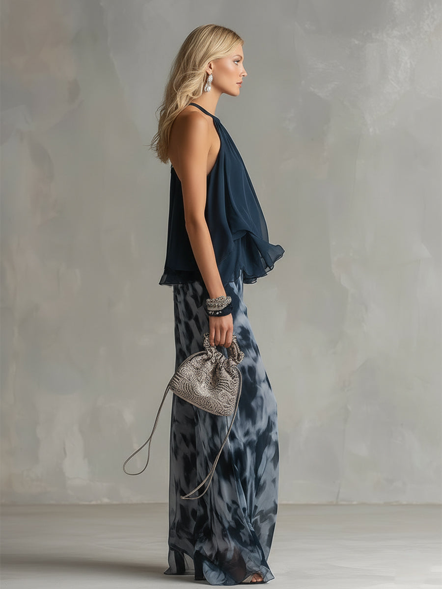 Isolde | élégant en chiffon avec top à col montant et pantalons larges imprimés