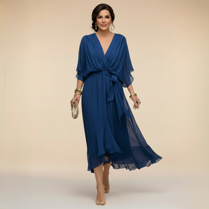 Celanovia | Robe longue en chiffon doux à col V pour soirées et fêtes