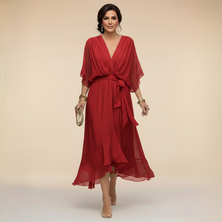 Celanovia | Robe longue en chiffon doux à col V pour soirées et fêtes