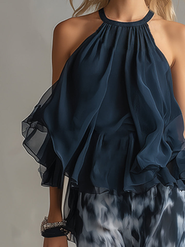 Isolde | élégant en chiffon avec top à col montant et pantalons larges imprimés