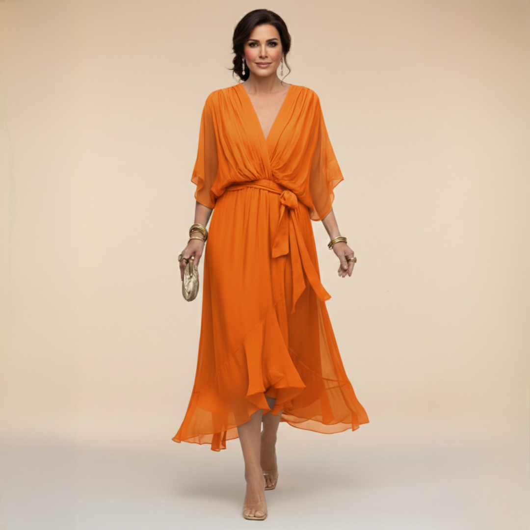 Celanovia | Robe longue en chiffon doux à col V pour soirées et fêtes