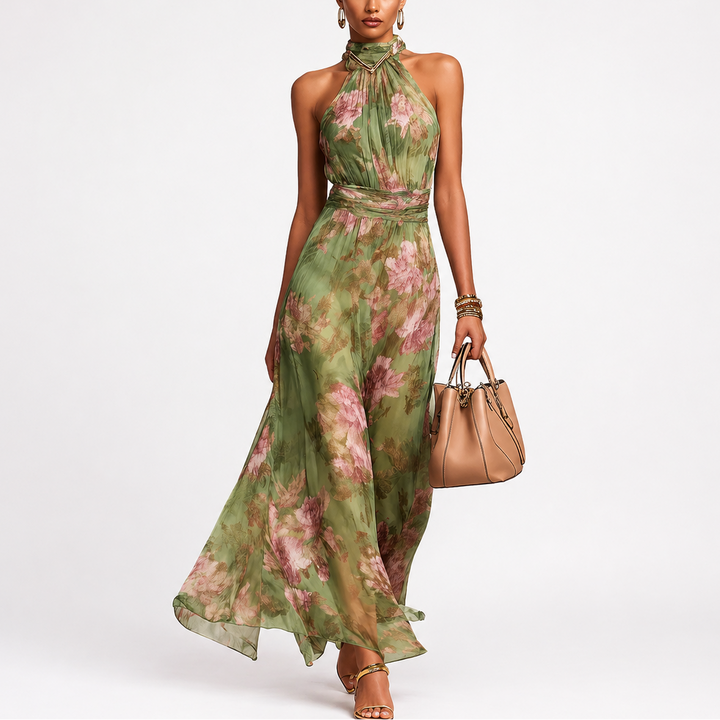 Aria | Robe Longue Halter en Gaze Florale Verte