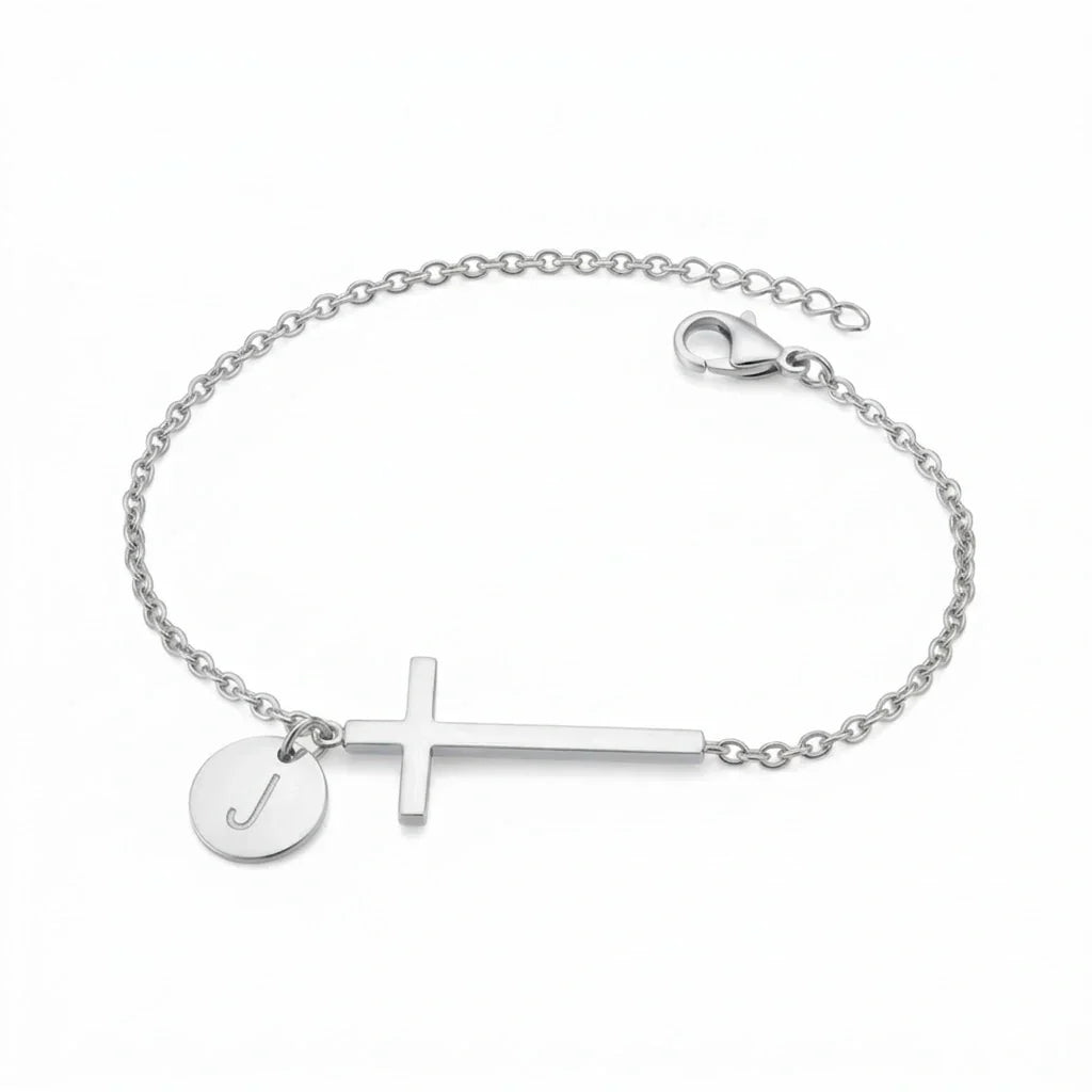 Elodryn | Bracelet Initial Sacré – Croix Personnalisée