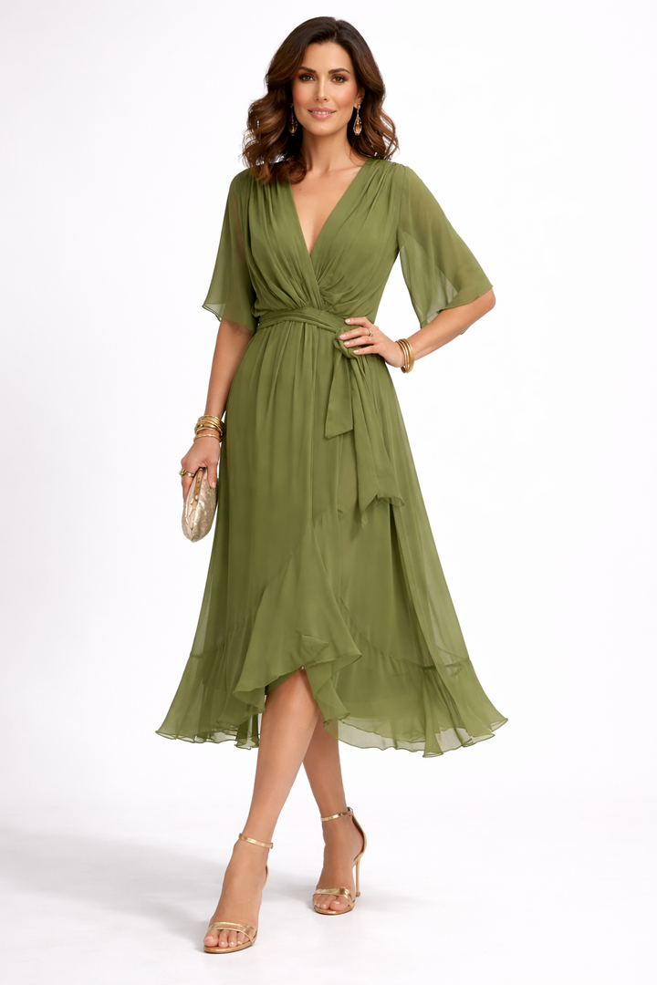 Celanovia | Robe longue en chiffon doux à col V pour soirées et fêtes
