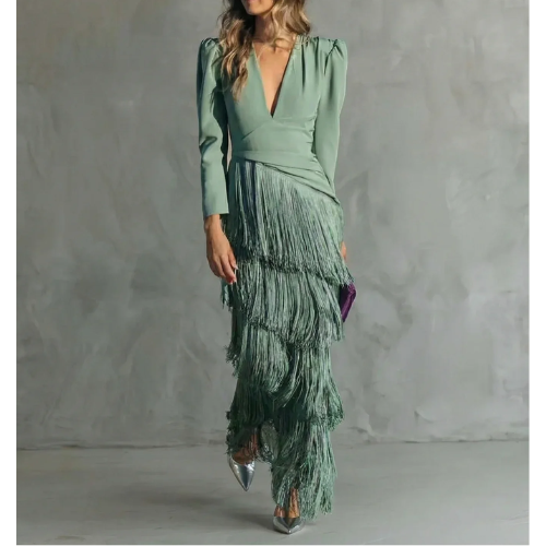 Sienna | Robe Glamour aux Manches Frangées Modernes