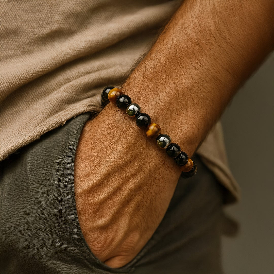 Caryra | Bracelet "3 Protections" en Œil de Tigre, Hématite et Obsidienne Noire