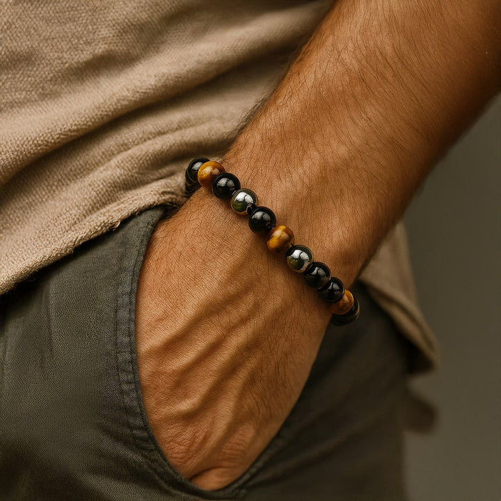 Caryra | Bracelet "3 Protections" en Œil de Tigre, Hématite et Obsidienne Noire