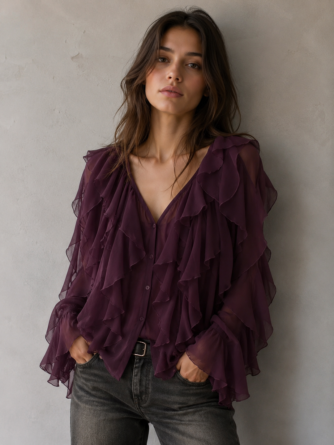 Hensira | Chemise bohème violette à volantes romantiques et coupe flatteuse
