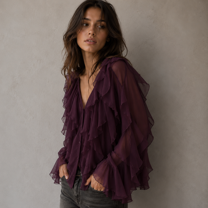 Hensira | Chemise bohème violette à volantes romantiques et coupe flatteuse