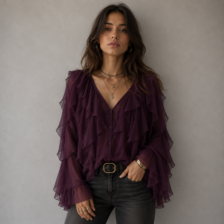 Hensira | Chemise bohème violette à volantes romantiques et coupe flatteuse