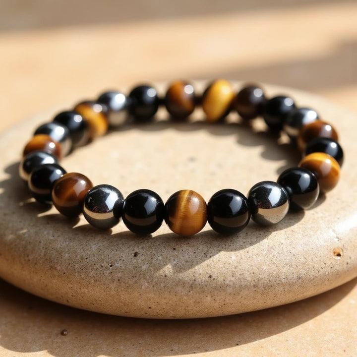 Caryra | Bracelet "3 Protections" en Œil de Tigre, Hématite et Obsidienne Noire