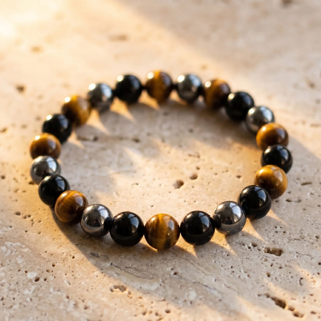 Caryra | Bracelet "3 Protections" en Œil de Tigre, Hématite et Obsidienne Noire