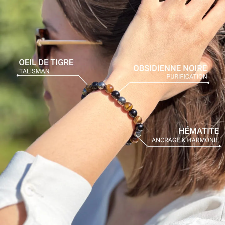 Caryra | Bracelet "3 Protections" en Œil de Tigre, Hématite et Obsidienne Noire