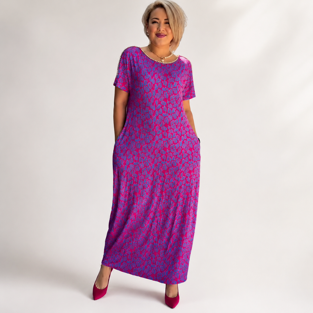Leni | Robe rose et violette avec imprimé floral et décolleté en diamant