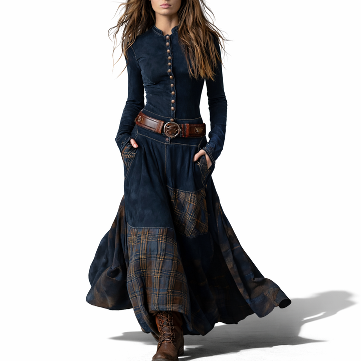 Elira | Robe Longue Vintage en Suédine à Carreaux (avec Ceinture)