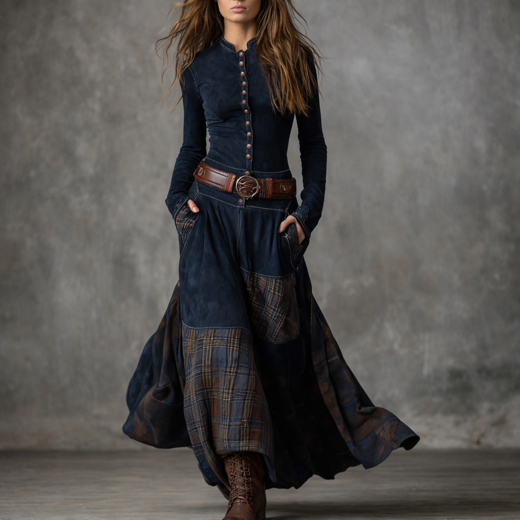 Elira | Robe Longue Vintage en Suédine à Carreaux (avec Ceinture)