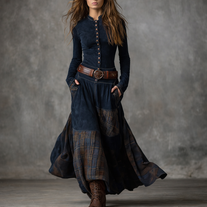 Elira | Robe Longue Vintage en Suédine à Carreaux (avec Ceinture)