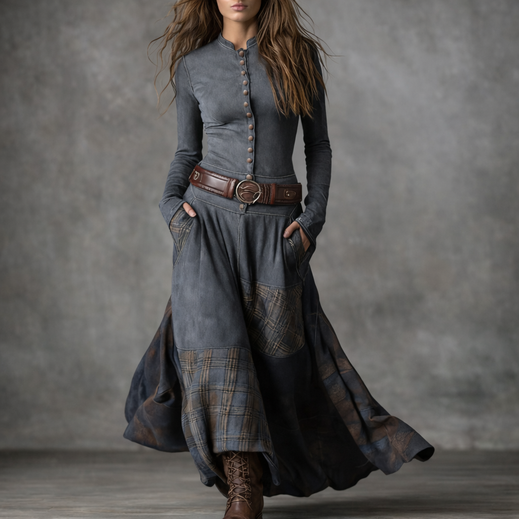 Elira | Robe Longue Vintage en Suédine à Carreaux (avec Ceinture)