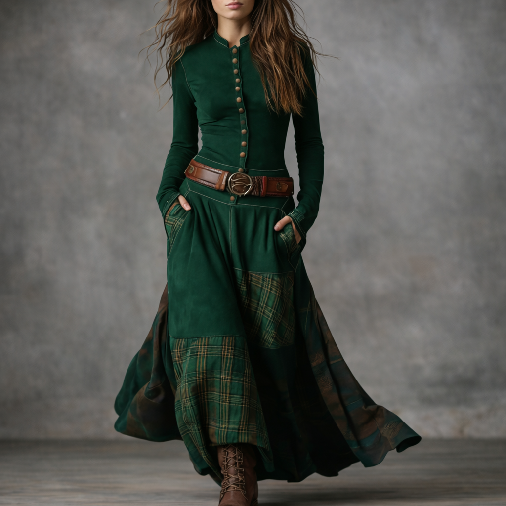 Elira | Robe Longue Vintage en Suédine à Carreaux (avec Ceinture)