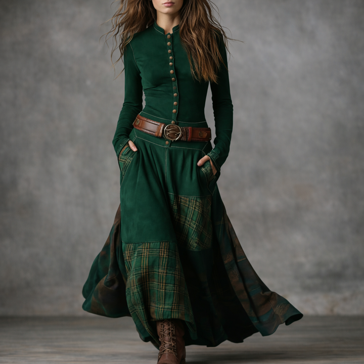 Elira | Robe Longue Vintage en Suédine à Carreaux (avec Ceinture)