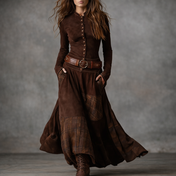 Elira | Robe Longue Vintage en Suédine à Carreaux (avec Ceinture)