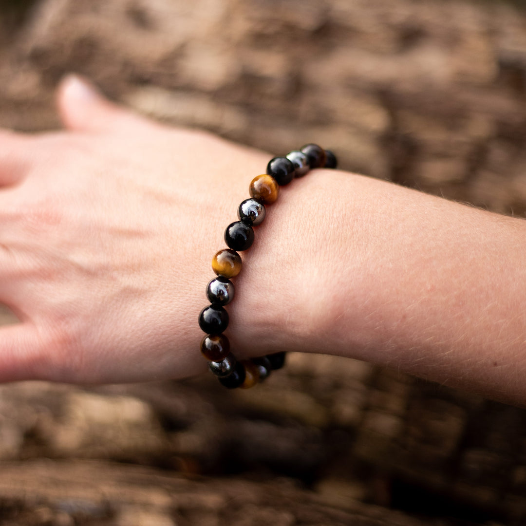 Caryra | Bracelet "3 Protections" en Œil de Tigre, Hématite et Obsidienne Noire