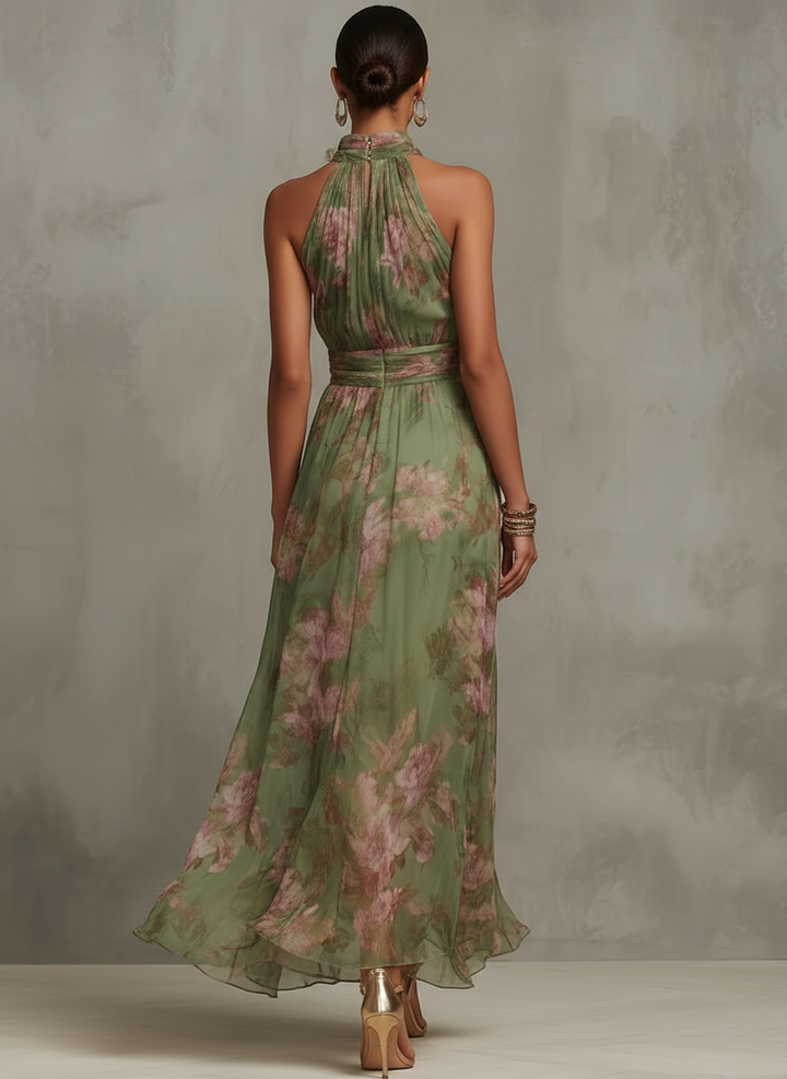Aria | Robe Longue Halter en Gaze Florale Verte