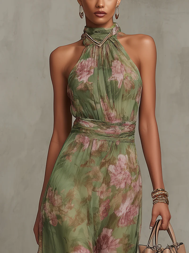 Aria | Robe Longue Halter en Gaze Florale Verte