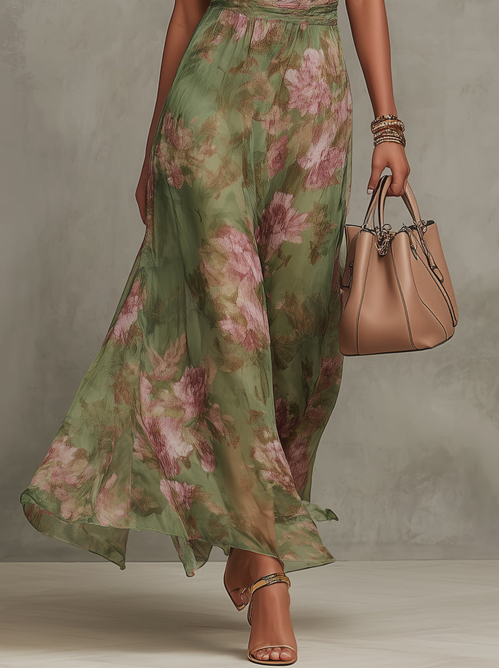 Aria | Robe Longue Halter en Gaze Florale Verte