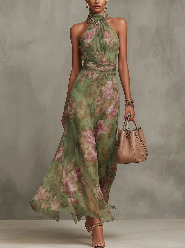 Aria | Robe Longue Halter en Gaze Florale Verte