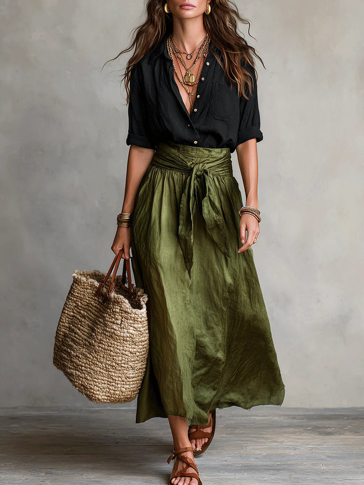 Yvette | Ensemble Élégant à Jupe Midi Vert Olive