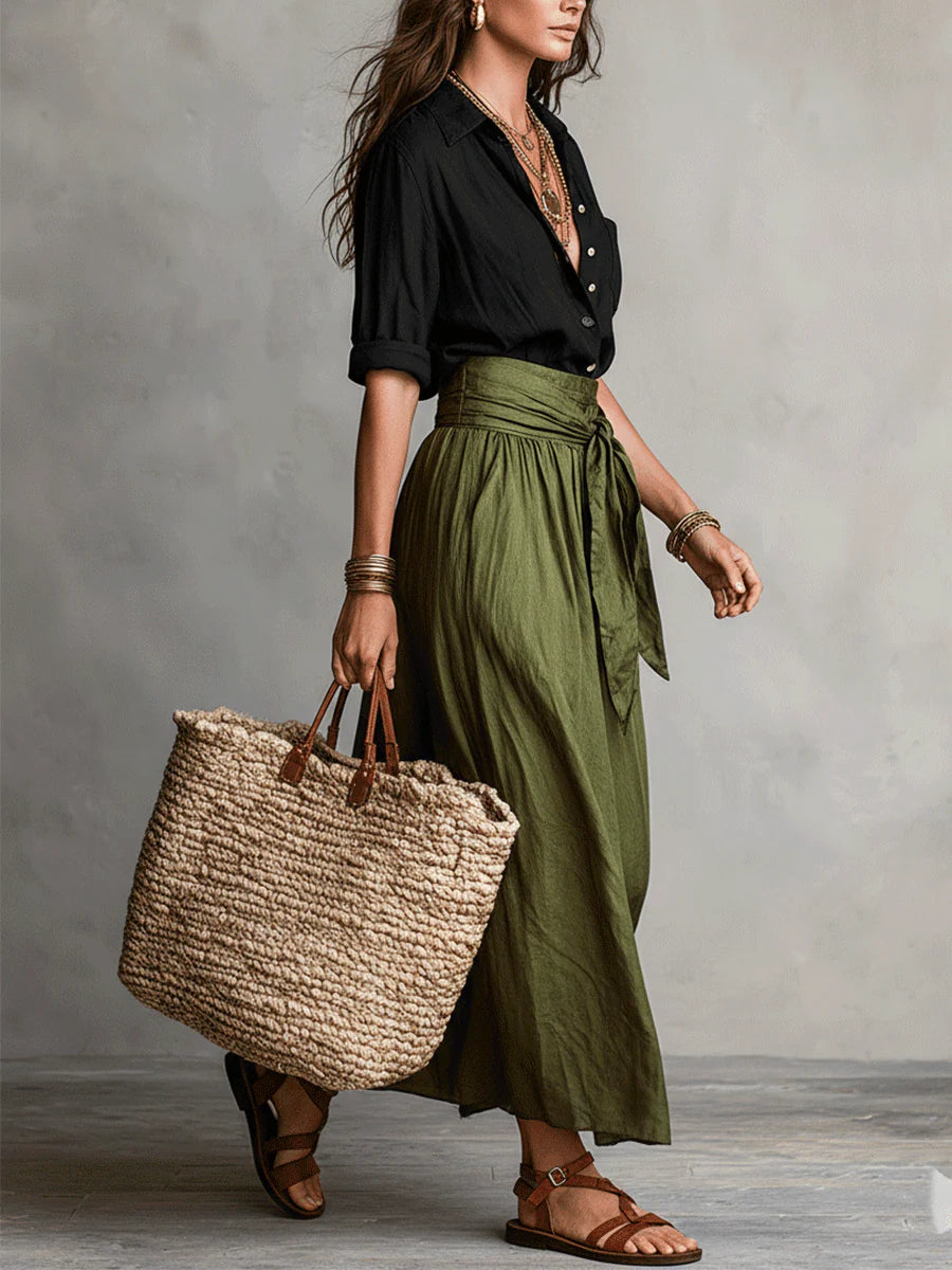 Yvette | Ensemble Élégant à Jupe Midi Vert Olive