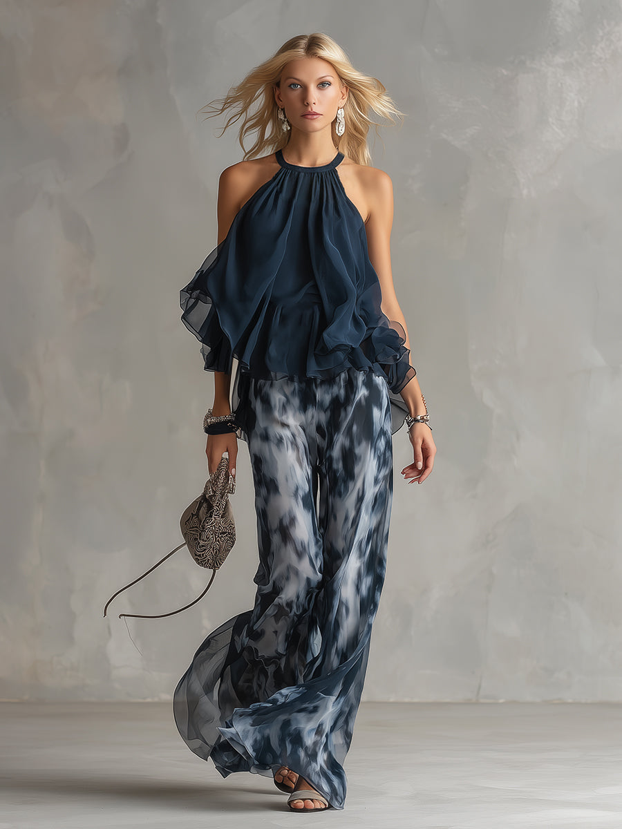 Isolde | élégant en chiffon avec top à col montant et pantalons larges imprimés
