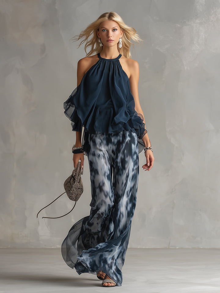 Isolde | élégant en chiffon avec top à col montant et pantalons larges imprimés