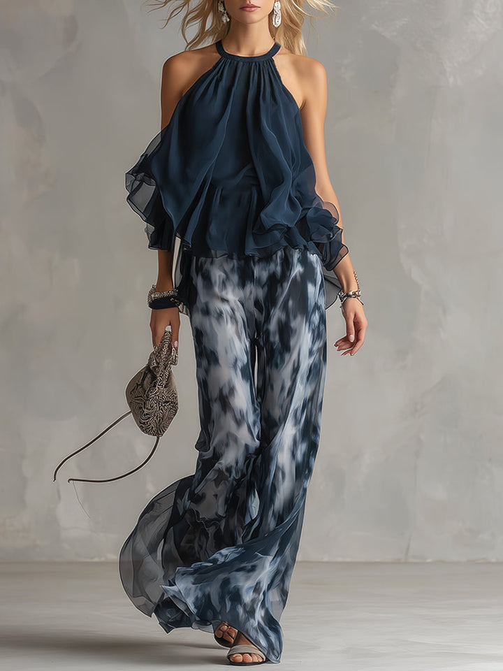 Isolde | élégant en chiffon avec top à col montant et pantalons larges imprimés